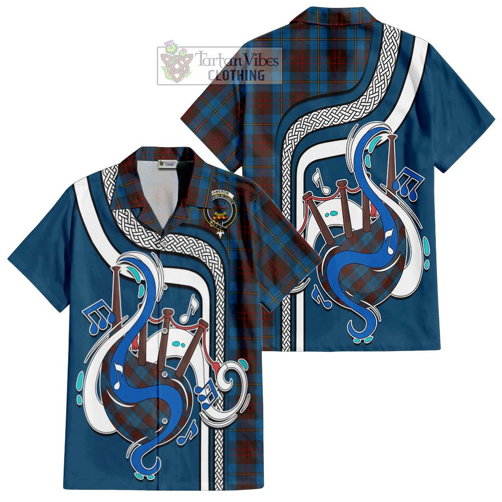 Cameron Hunting Tartan Short Sleeve Button Shirt with Epic Bagpipe Style Kid - Tartanvibesclothing Shop