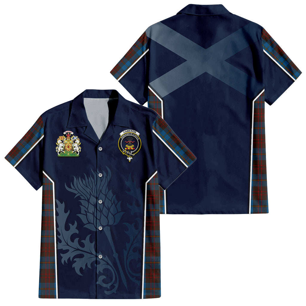 Tartan Vibes Clothing Cameron Hunting Tartan Short Sleeve Button Up Shirt with Family Crest and Scottish Thistle Vibes Sport Style