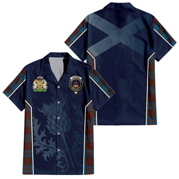 Cameron Hunting Tartan Short Sleeve Button Up Shirt with Family Crest and Scottish Thistle Vibes Sport Style