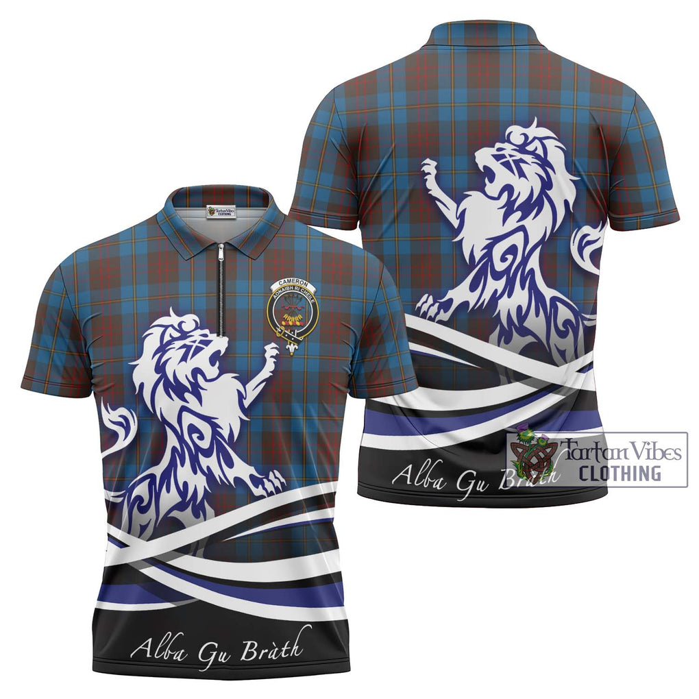 Cameron Hunting Tartan Zipper Polo Shirt with Alba Gu Brath Regal Lion Emblem Unisex - Tartanvibesclothing Shop