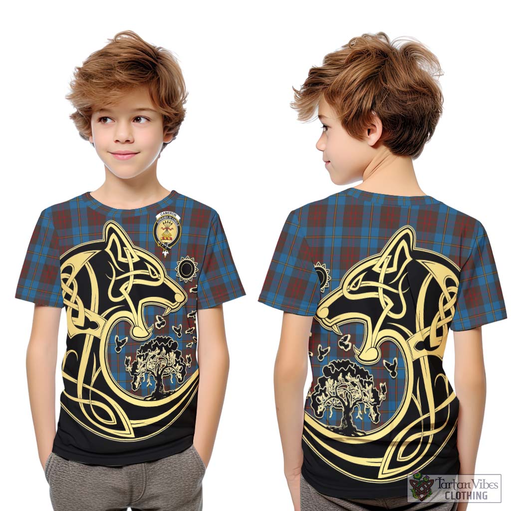 Tartan Vibes Clothing Cameron Hunting Tartan Kid T-Shirt with Family Crest Celtic Wolf Style