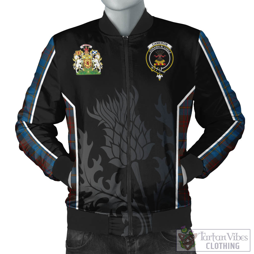 Tartan Vibes Clothing Cameron Hunting Tartan Bomber Jacket with Family Crest and Scottish Thistle Vibes Sport Style