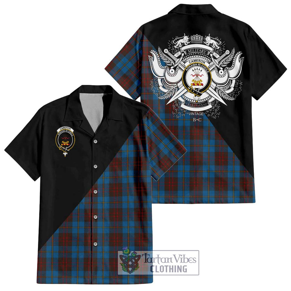 Cameron Hunting Tartan Short Sleeve Button Shirt with Family Crest and Military Logo Style Kid - Tartanvibesclothing Shop