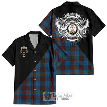 Cameron Hunting Tartan Short Sleeve Button Shirt with Family Crest and Military Logo Style