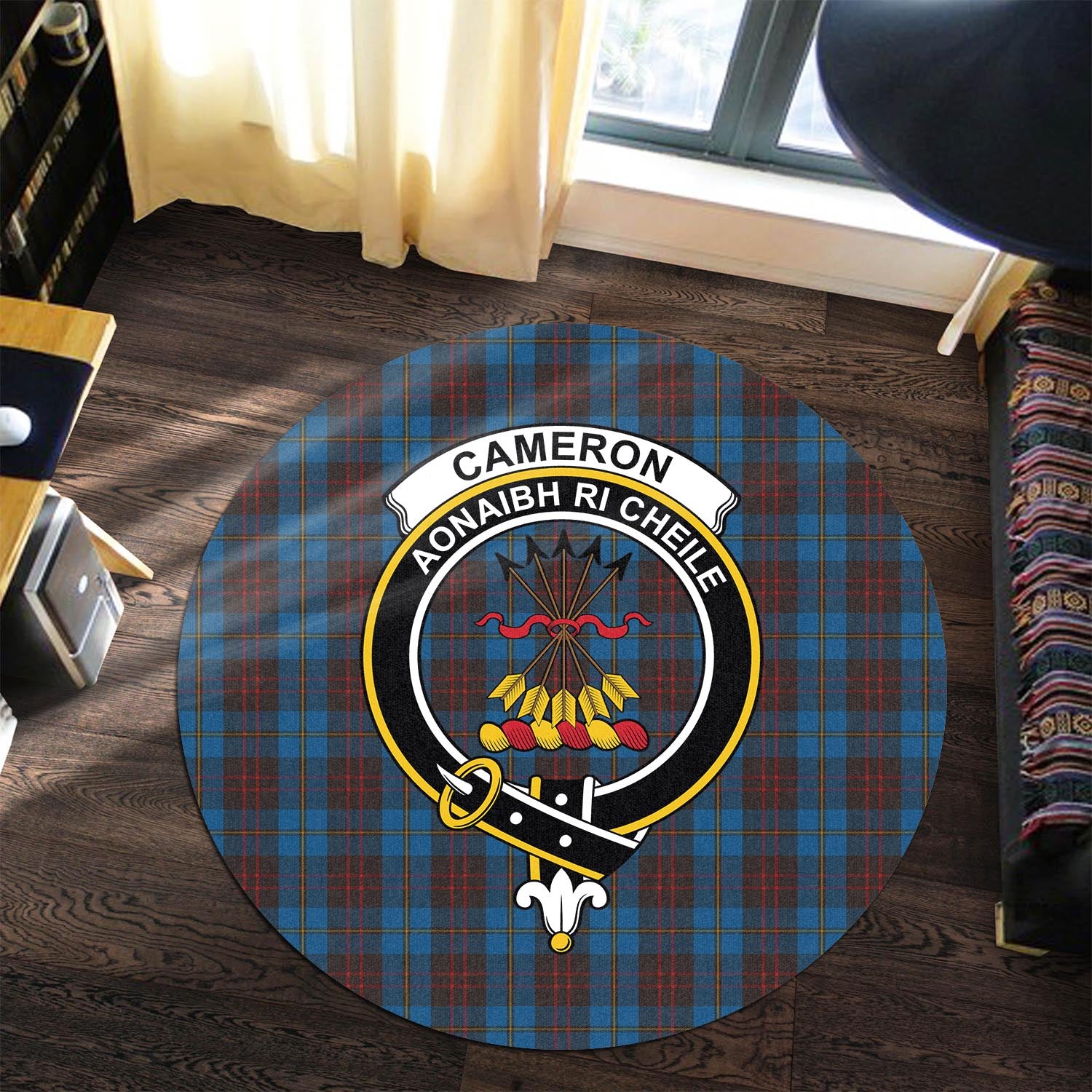 Cameron Hunting Tartan Round Rug with Family Crest - Tartanvibesclothing