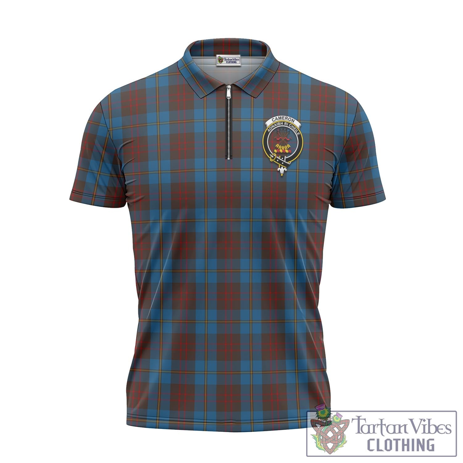 Tartan Vibes Clothing Cameron Hunting Tartan Zipper Polo Shirt with Family Crest