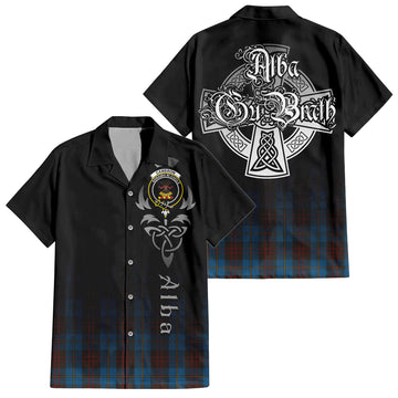 Cameron Hunting Tartan Short Sleeve Button Up Shirt Featuring Alba Gu Brath Family Crest Celtic Inspired