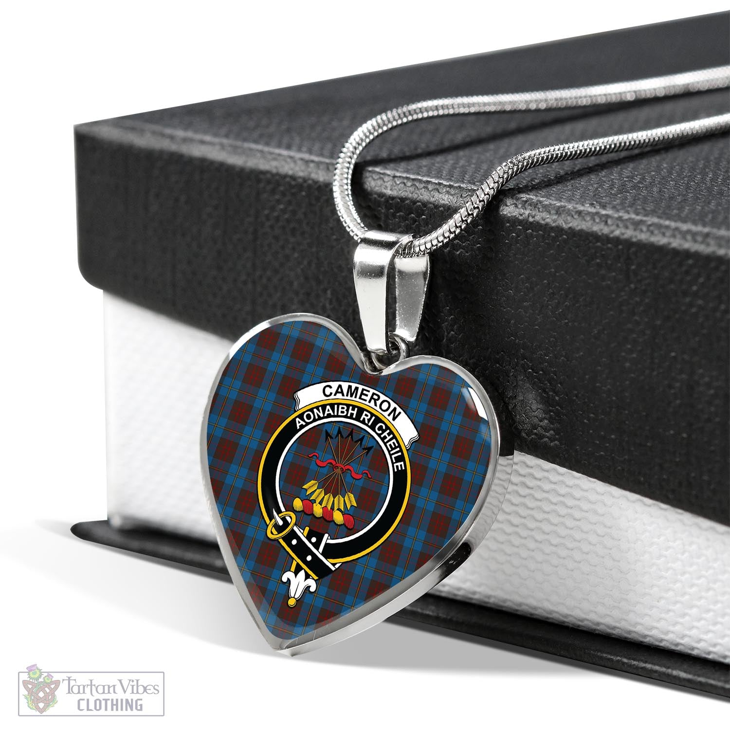 Tartan Vibes Clothing Cameron Hunting Tartan Heart Necklace with Family Crest