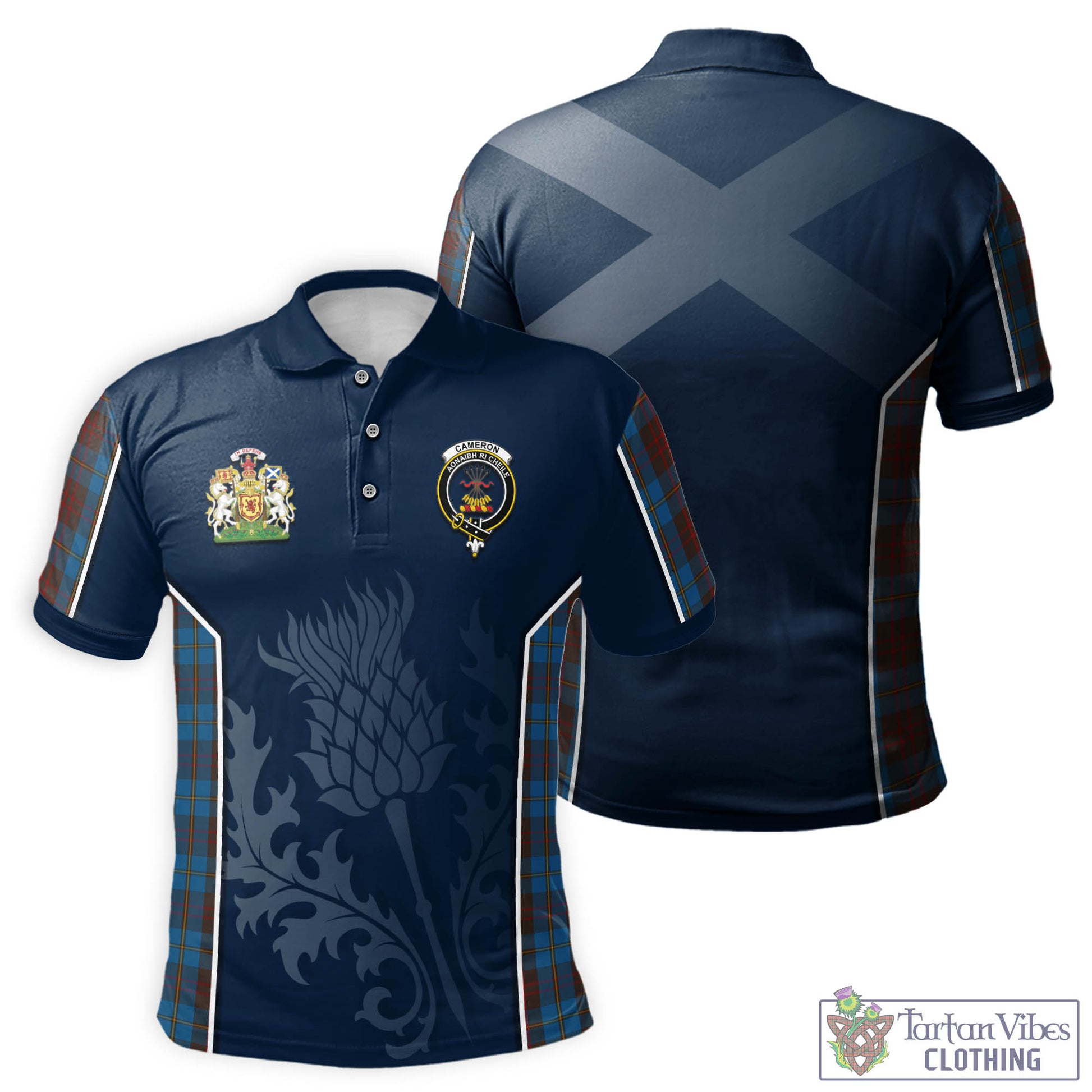 Tartan Vibes Clothing Cameron Hunting Tartan Men's Polo Shirt with Family Crest and Scottish Thistle Vibes Sport Style