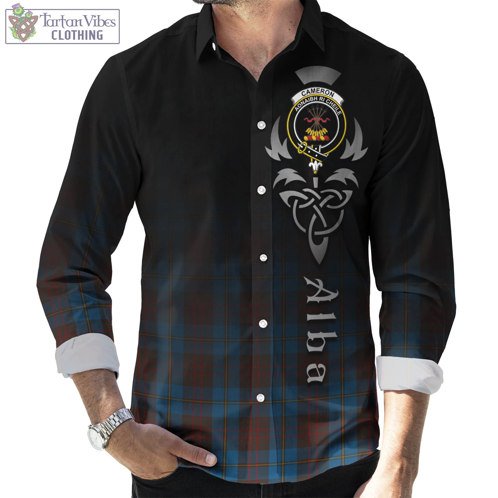 Tartan Vibes Clothing Cameron Hunting Tartan Long Sleeve Button Up Featuring Alba Gu Brath Family Crest Celtic Inspired