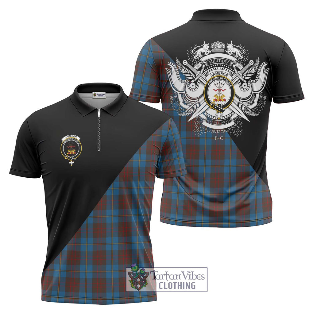 Cameron Hunting Tartan Zipper Polo Shirt with Family Crest and Military Logo Style Unisex - Tartanvibesclothing Shop