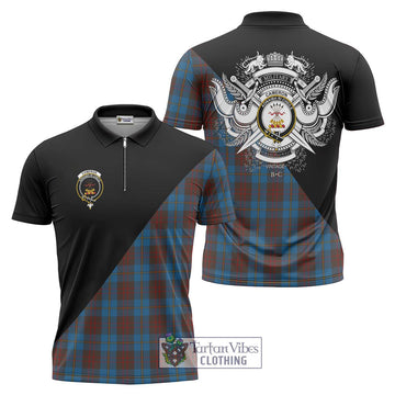 Cameron Hunting Tartan Zipper Polo Shirt with Family Crest and Military Logo Style