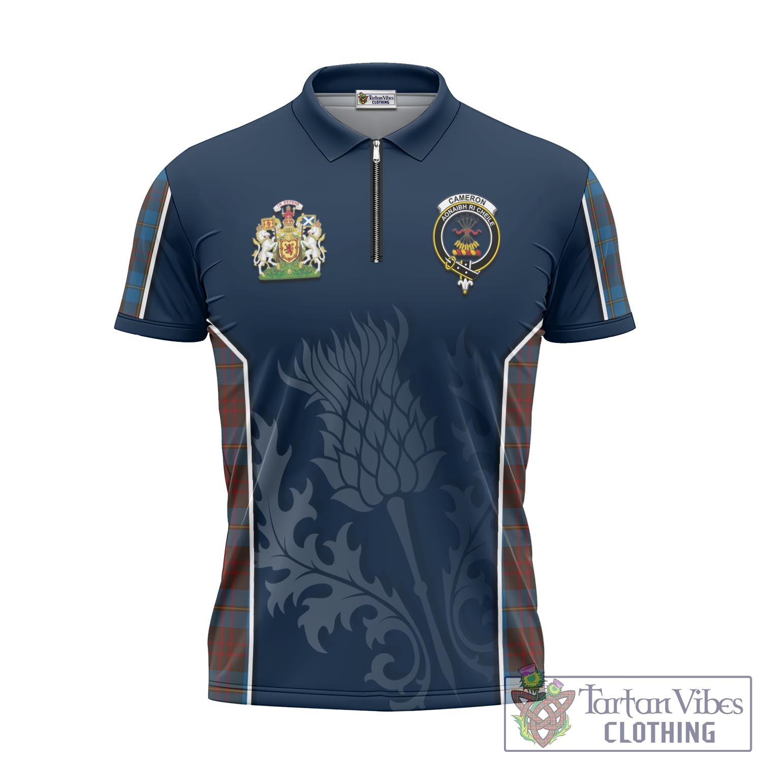 Tartan Vibes Clothing Cameron Hunting Tartan Zipper Polo Shirt with Family Crest and Scottish Thistle Vibes Sport Style