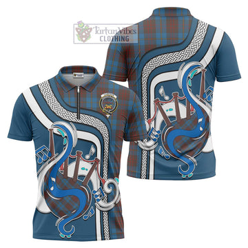 Cameron Hunting Tartan Zipper Polo Shirt with Epic Bagpipe Style