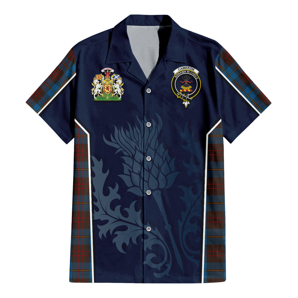 Tartan Vibes Clothing Cameron Hunting Tartan Short Sleeve Button Up Shirt with Family Crest and Scottish Thistle Vibes Sport Style