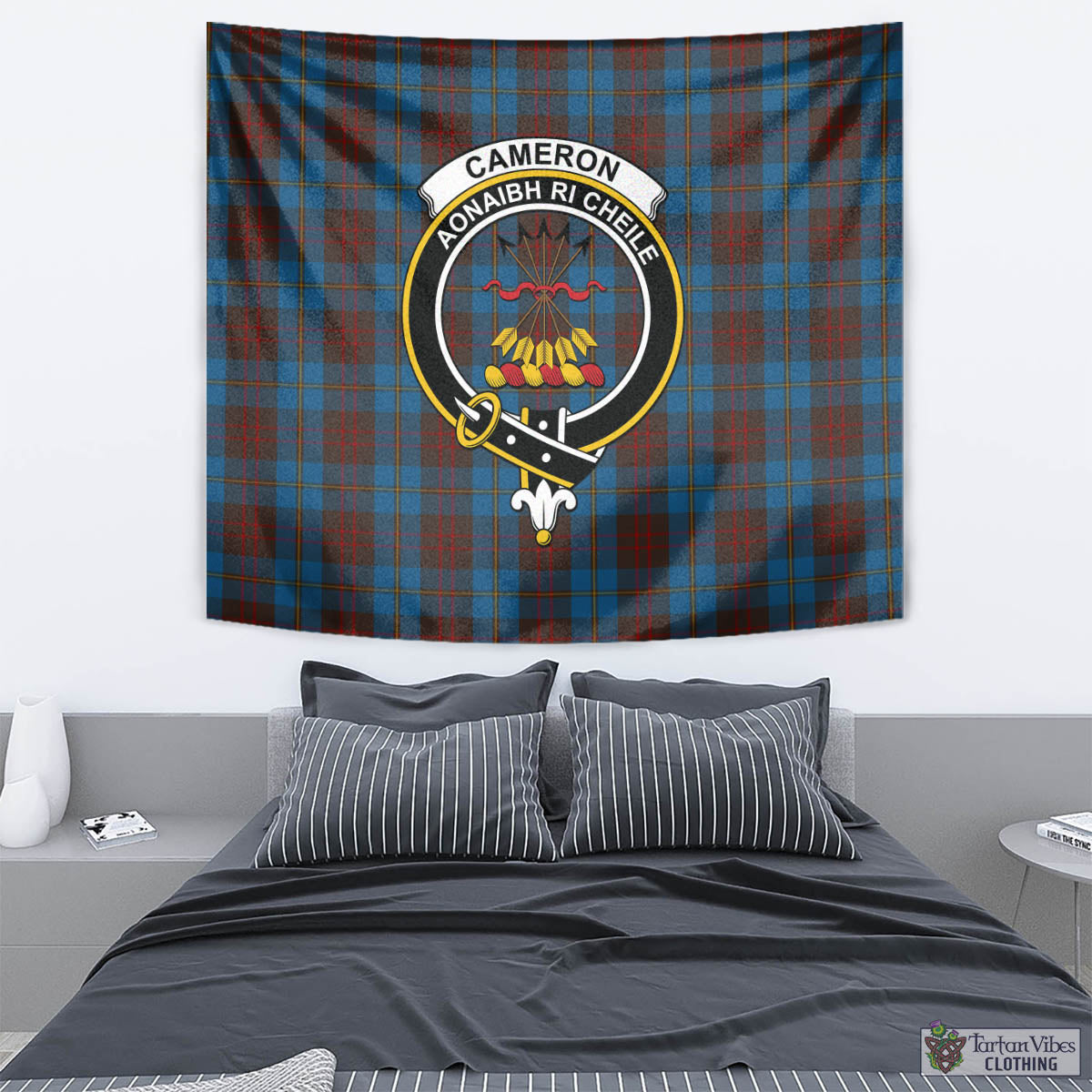 Tartan Vibes Clothing Cameron Hunting Tartan Tapestry Wall Hanging and Home Decor for Room with Family Crest