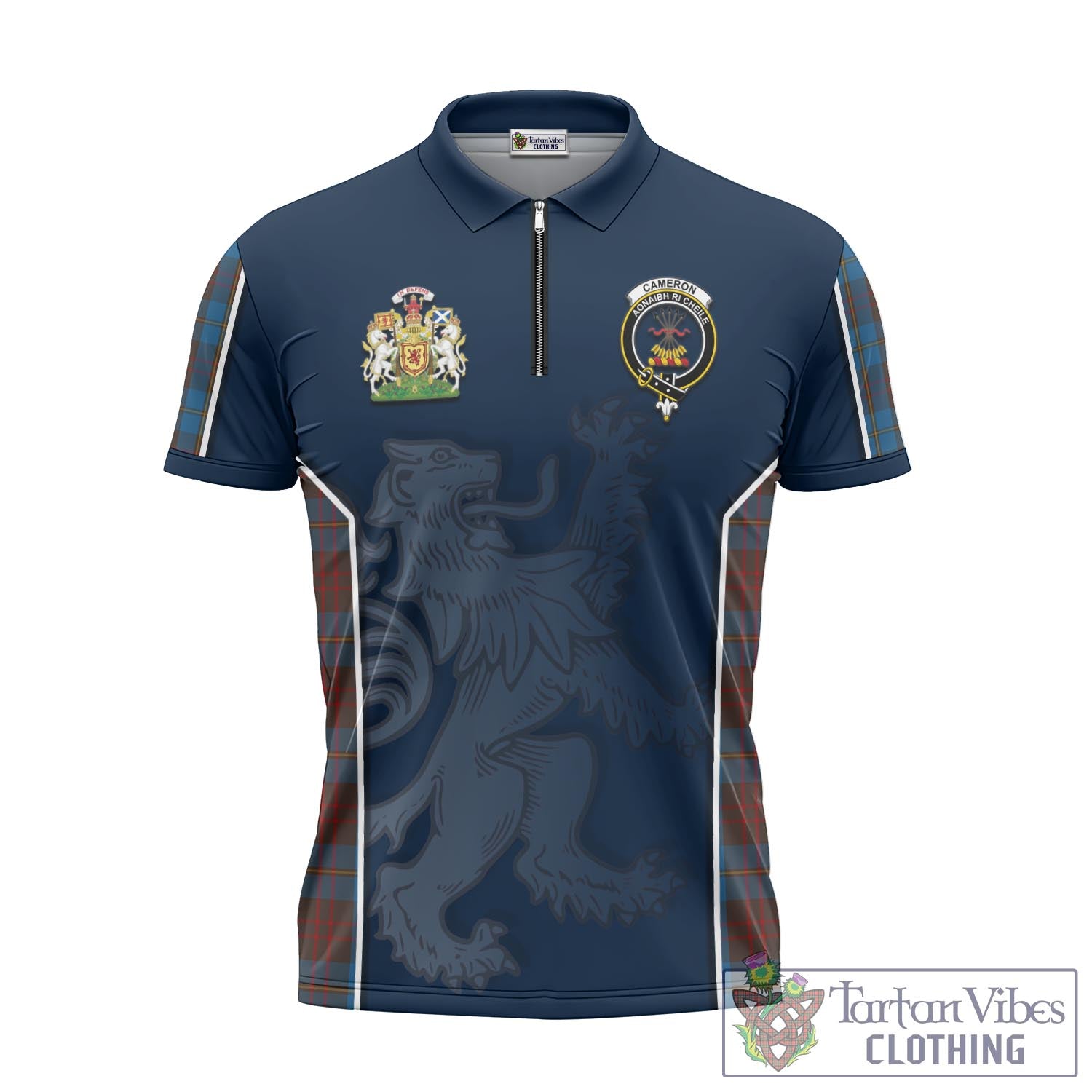 Tartan Vibes Clothing Cameron Hunting Tartan Zipper Polo Shirt with Family Crest and Lion Rampant Vibes Sport Style