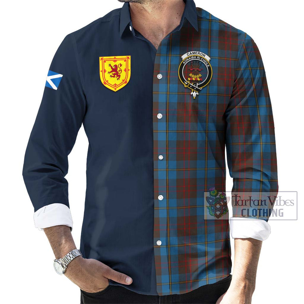 Tartan Vibes Clothing Cameron Hunting Tartan Long Sleeve Button Shirt with Scottish Lion Royal Arm Half Style