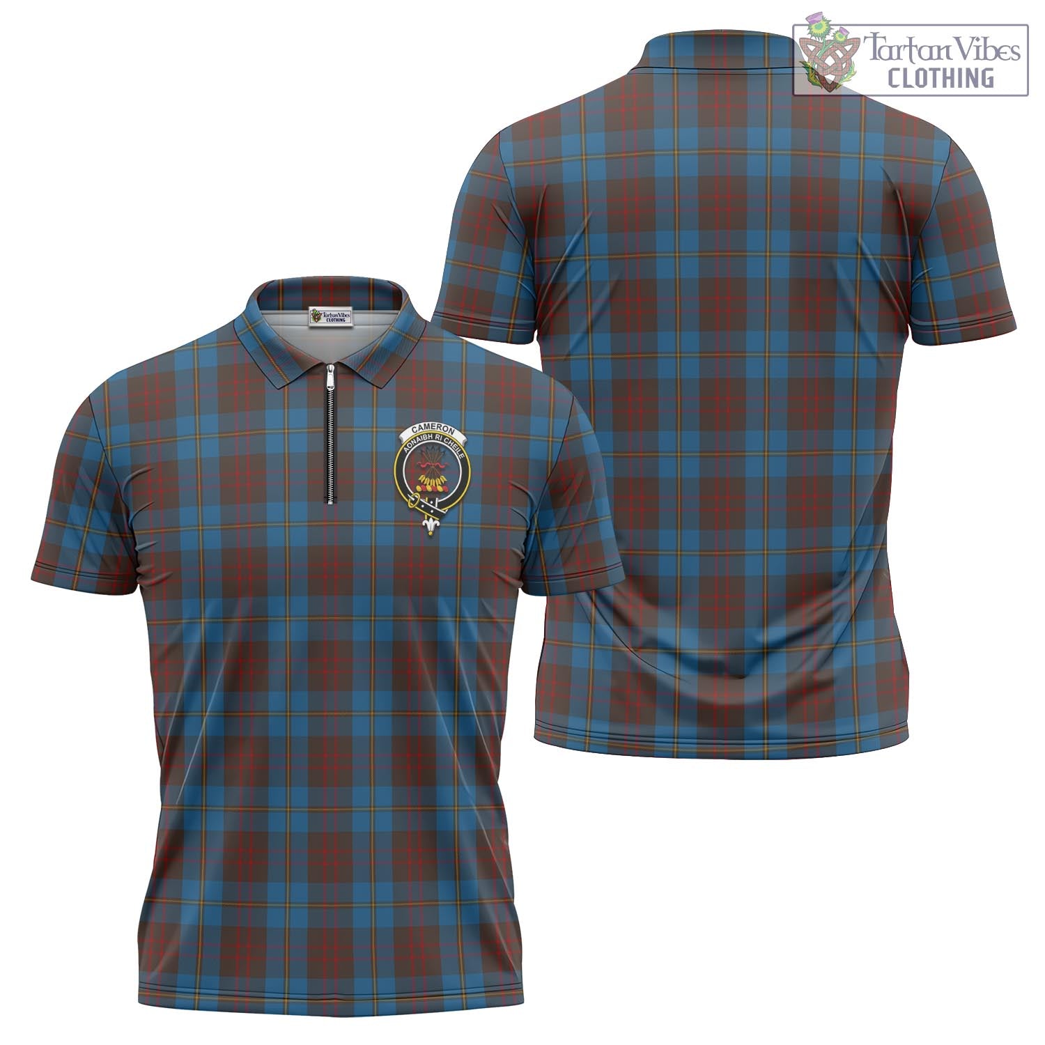 Tartan Vibes Clothing Cameron Hunting Tartan Zipper Polo Shirt with Family Crest