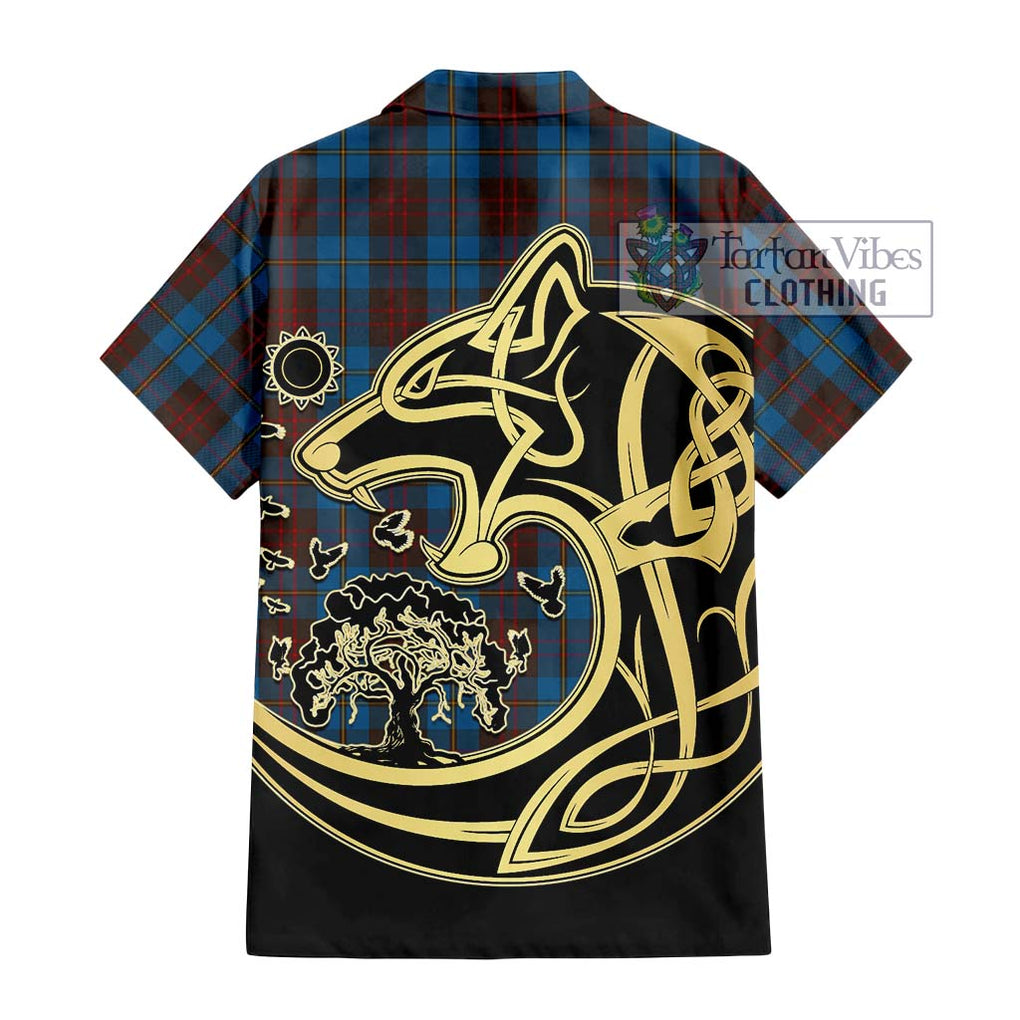 Cameron Hunting Tartan Short Sleeve Button Shirt with Family Crest Celtic Wolf Style - Tartan Vibes Clothing