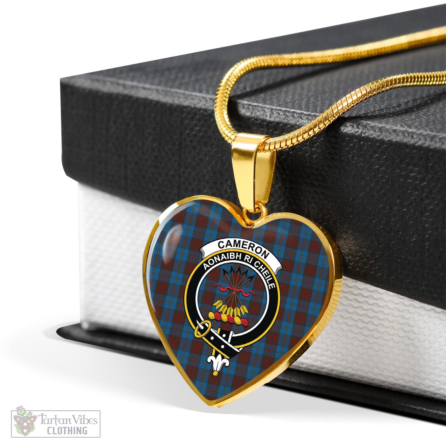 Tartan Vibes Clothing Cameron Hunting Tartan Heart Necklace with Family Crest