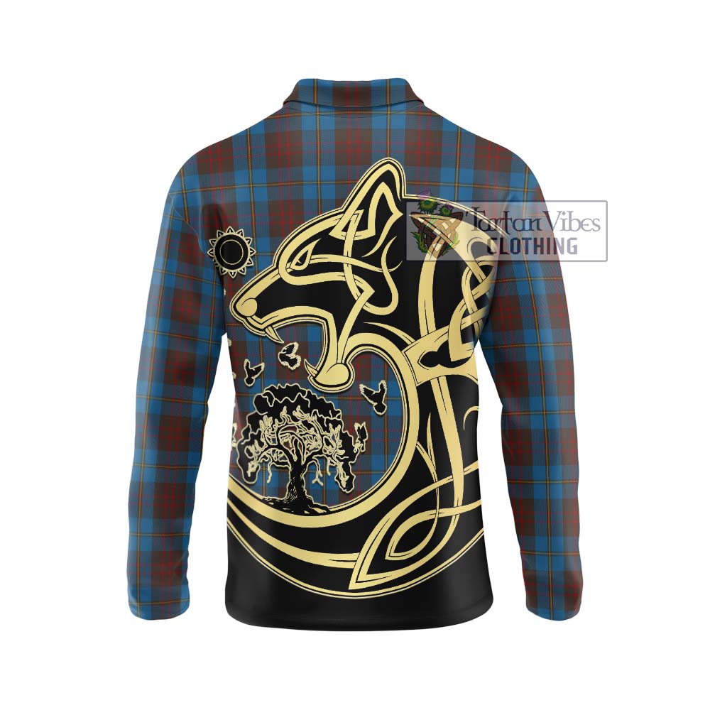 Cameron Hunting Tartan Long Sleeve Polo Shirt with Family Crest Celtic Wolf Style - Tartanvibesclothing Shop