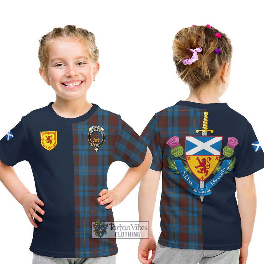 Tartan Vibes Clothing Cameron Hunting Tartan Kid T-Shirt with Scottish Lion Royal Arm Half Style