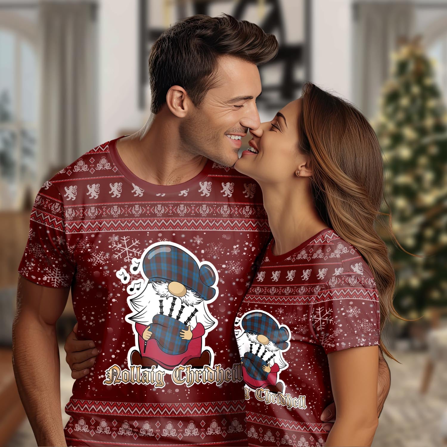 Cameron Hunting Clan Christmas Family T-Shirt with Funny Gnome Playing Bagpipes Women's Shirt Red - Tartanvibesclothing