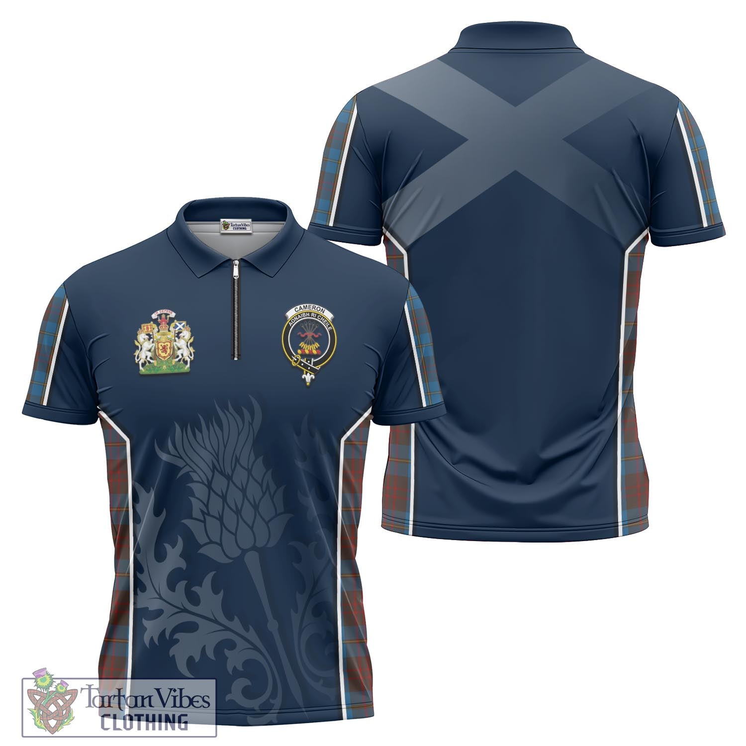 Tartan Vibes Clothing Cameron Hunting Tartan Zipper Polo Shirt with Family Crest and Scottish Thistle Vibes Sport Style