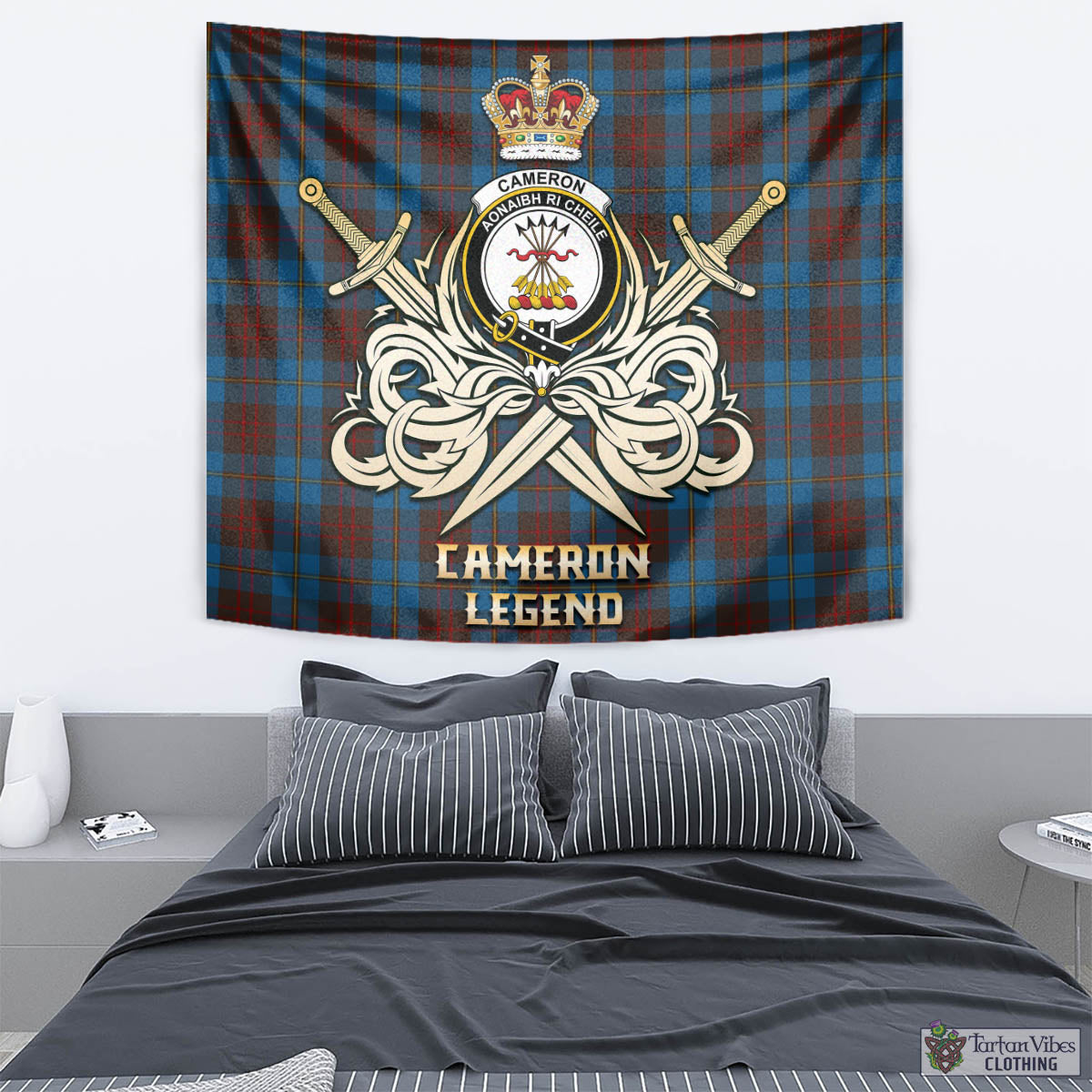 Tartan Vibes Clothing Cameron Hunting Tartan Tapestry with Clan Crest and the Golden Sword of Courageous Legacy