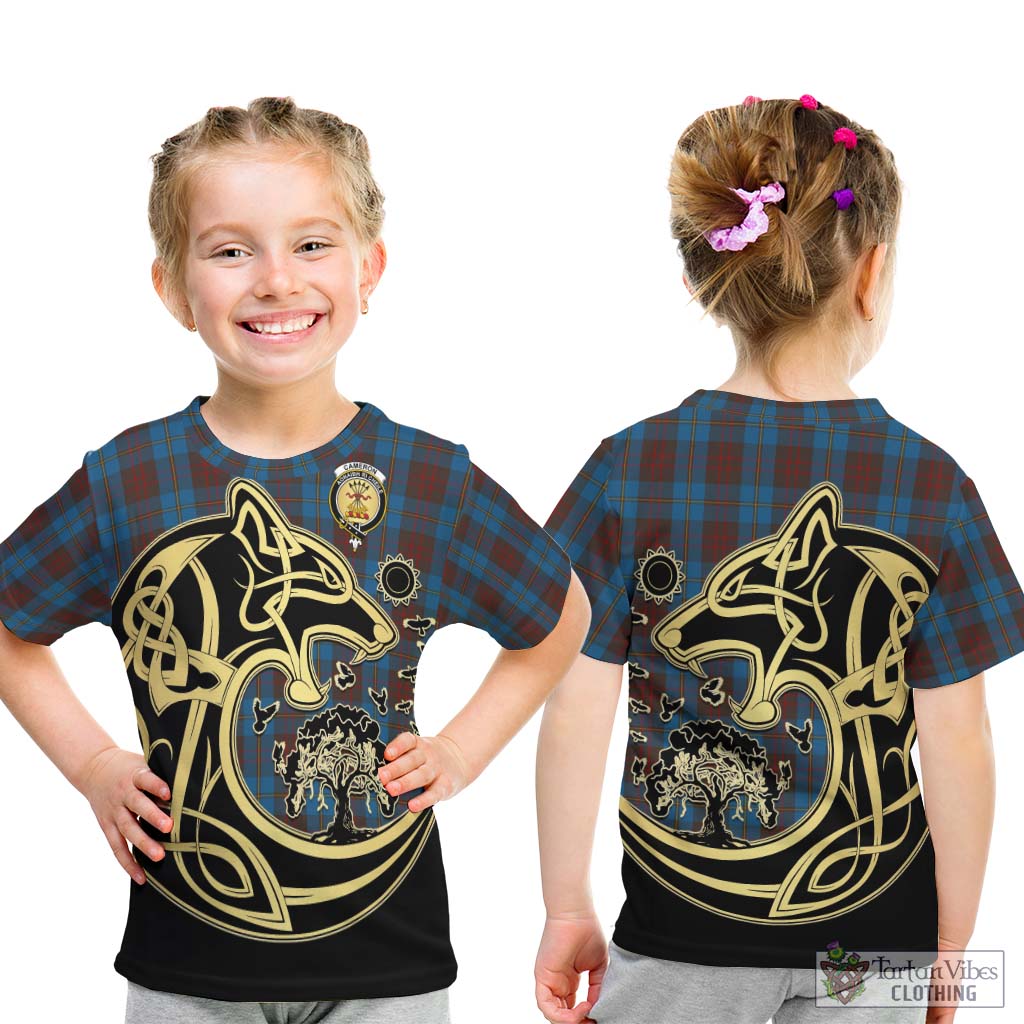 Tartan Vibes Clothing Cameron Hunting Tartan Kid T-Shirt with Family Crest Celtic Wolf Style