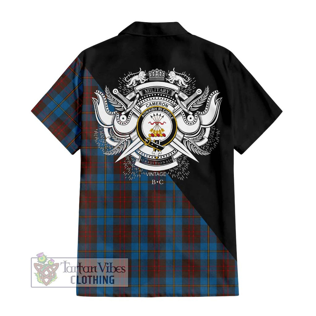 Cameron Hunting Tartan Short Sleeve Button Shirt with Family Crest and Military Logo Style - Tartanvibesclothing Shop