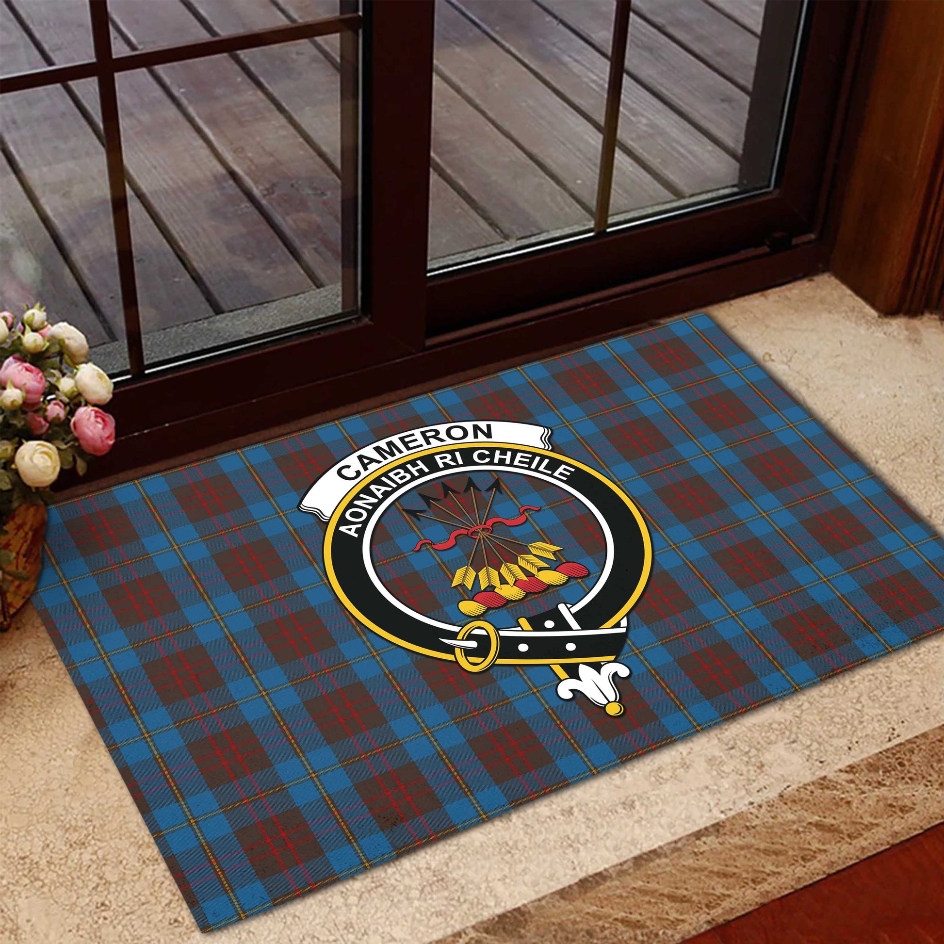 Cameron Hunting Tartan Door Mat with Family Crest - Tartanvibesclothing