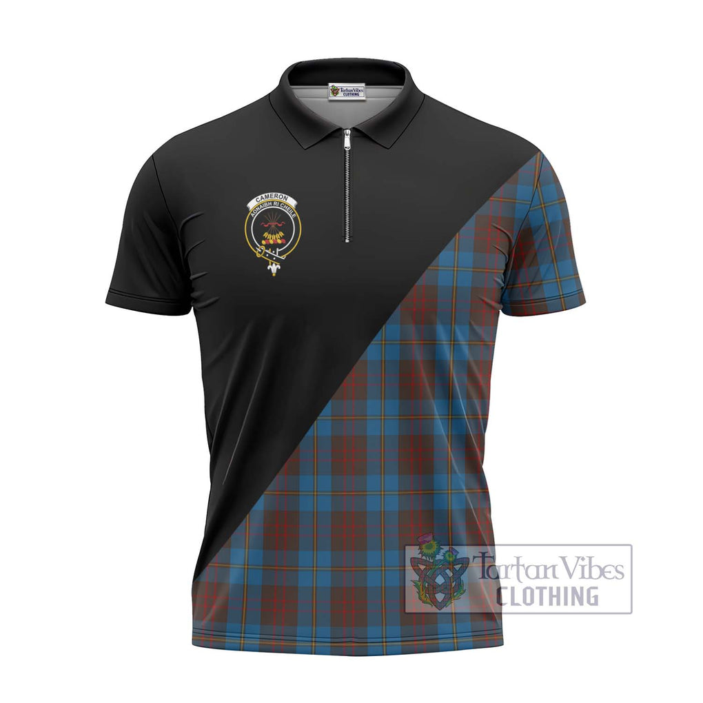 Cameron Hunting Tartan Zipper Polo Shirt with Family Crest and Military Logo Style - Tartanvibesclothing Shop