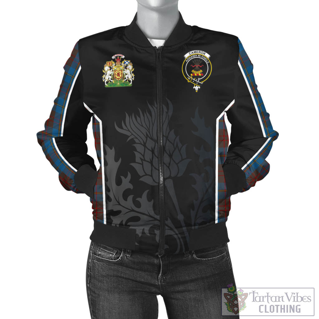 Tartan Vibes Clothing Cameron Hunting Tartan Bomber Jacket with Family Crest and Scottish Thistle Vibes Sport Style