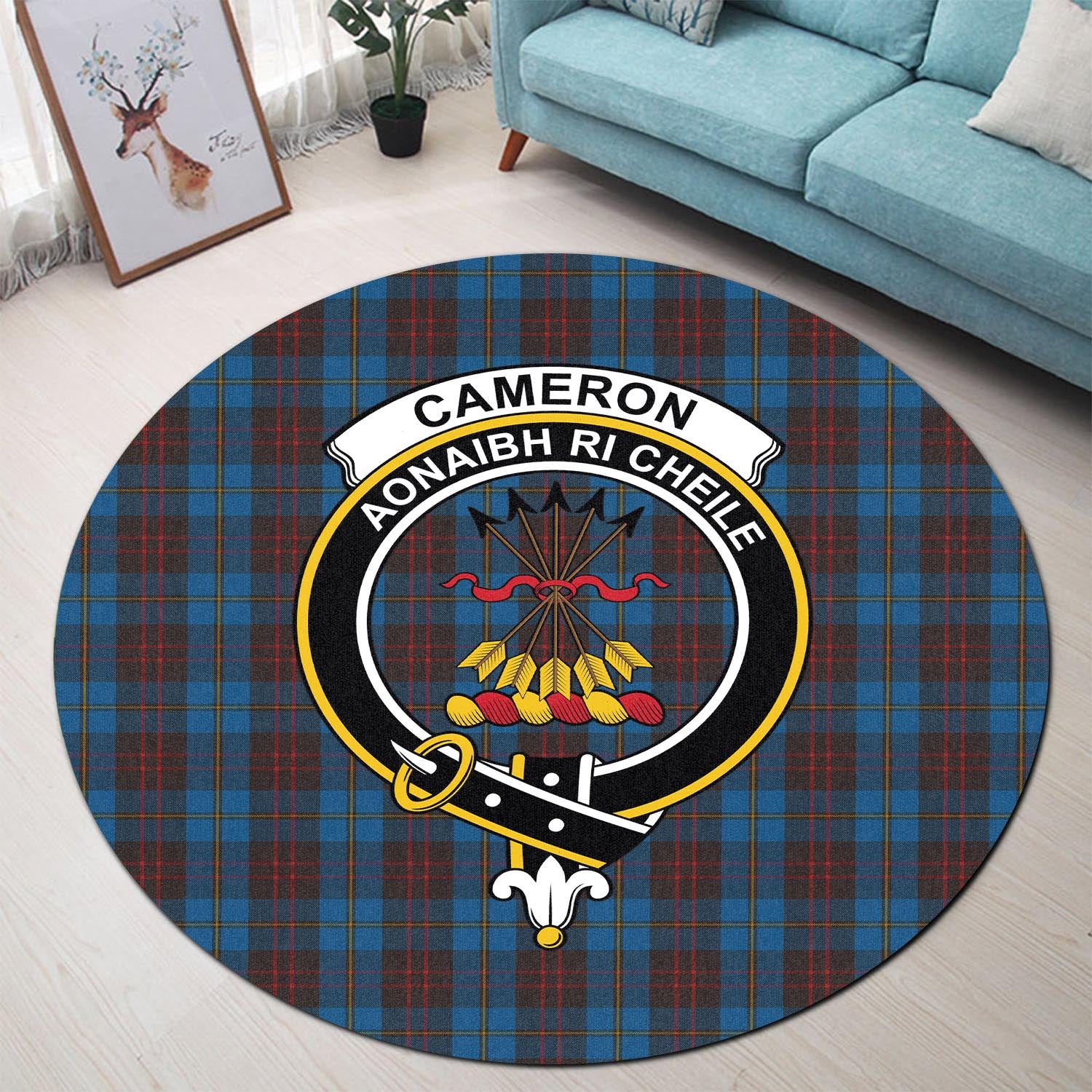 Cameron Hunting Tartan Round Rug with Family Crest - Tartanvibesclothing