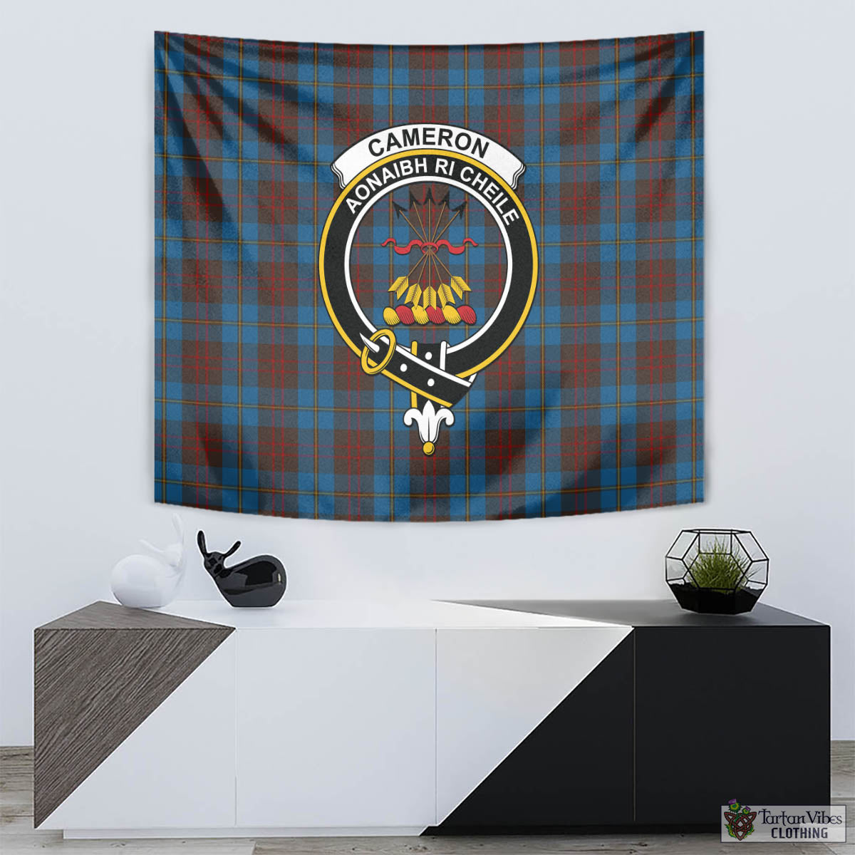 Tartan Vibes Clothing Cameron Hunting Tartan Tapestry Wall Hanging and Home Decor for Room with Family Crest