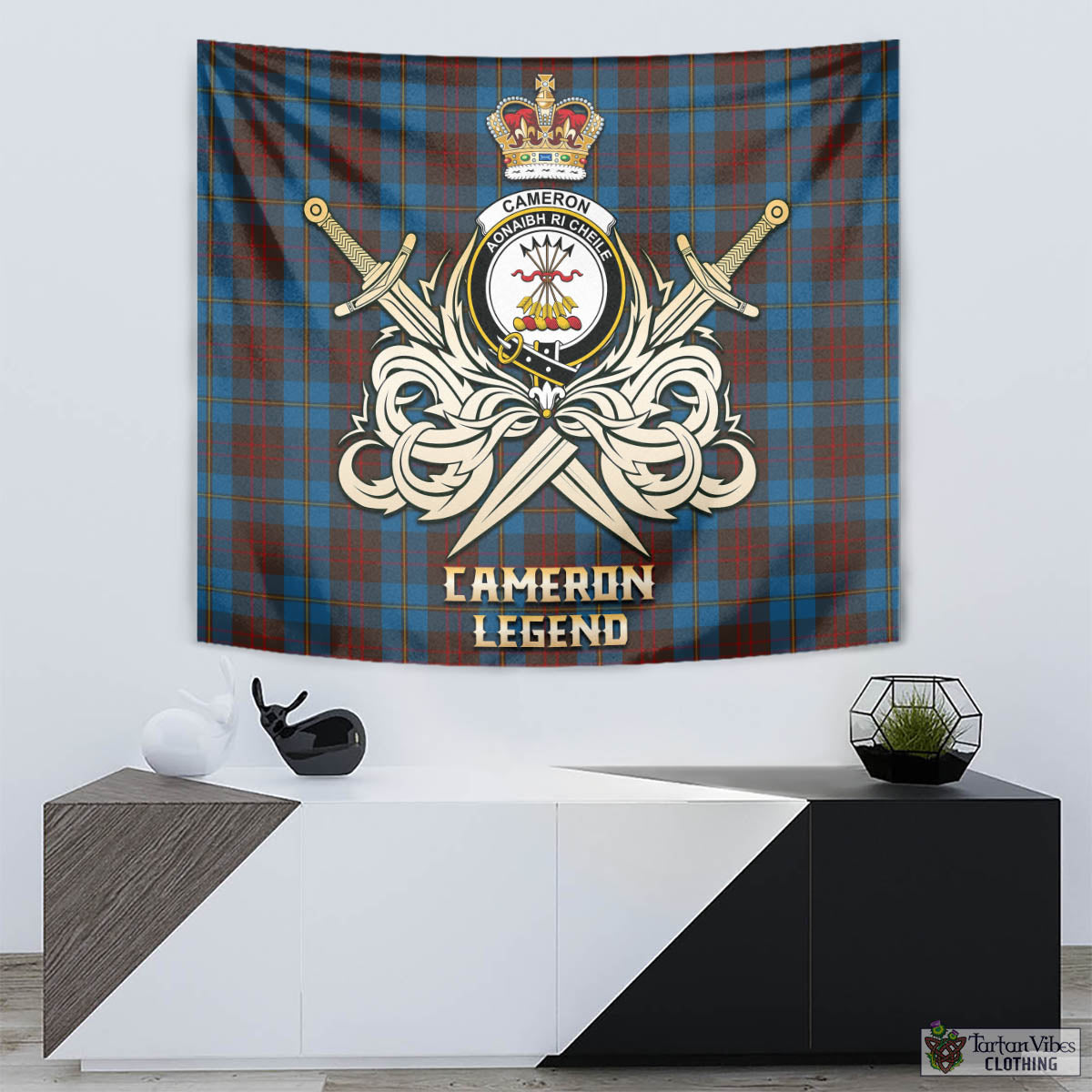 Tartan Vibes Clothing Cameron Hunting Tartan Tapestry with Clan Crest and the Golden Sword of Courageous Legacy