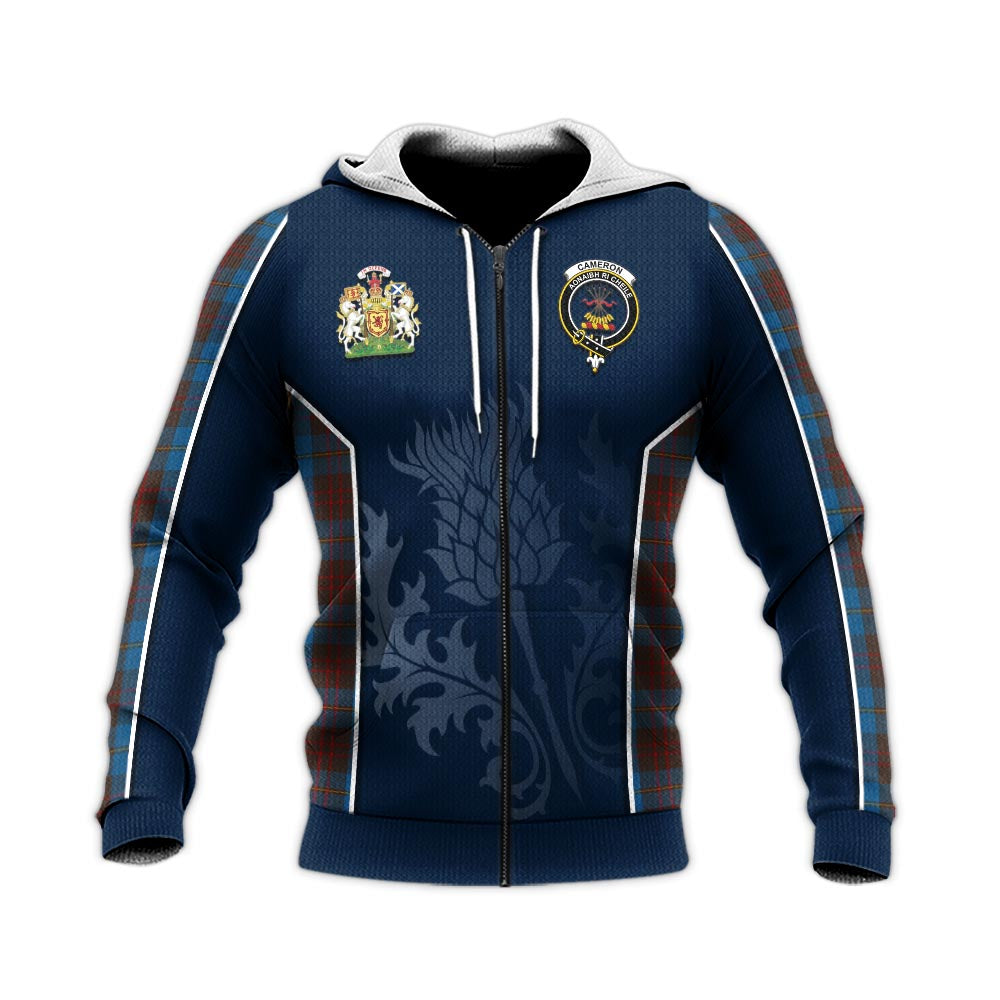 Tartan Vibes Clothing Cameron Hunting Tartan Knitted Hoodie with Family Crest and Scottish Thistle Vibes Sport Style