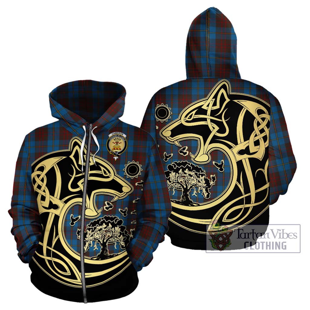Tartan Vibes Clothing Cameron Hunting Tartan Hoodie with Family Crest Celtic Wolf Style