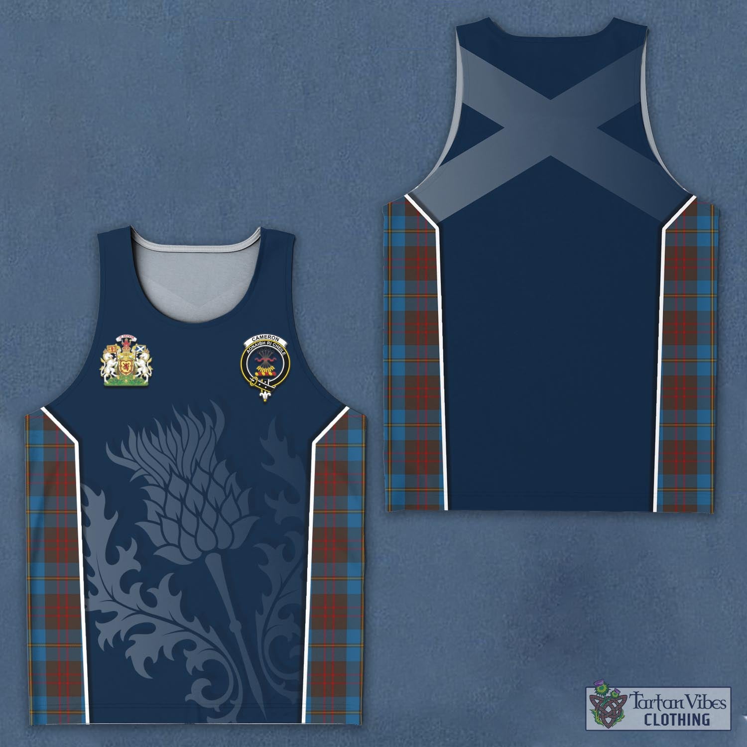 Tartan Vibes Clothing Cameron Hunting Tartan Men's Tanks Top with Family Crest and Scottish Thistle Vibes Sport Style