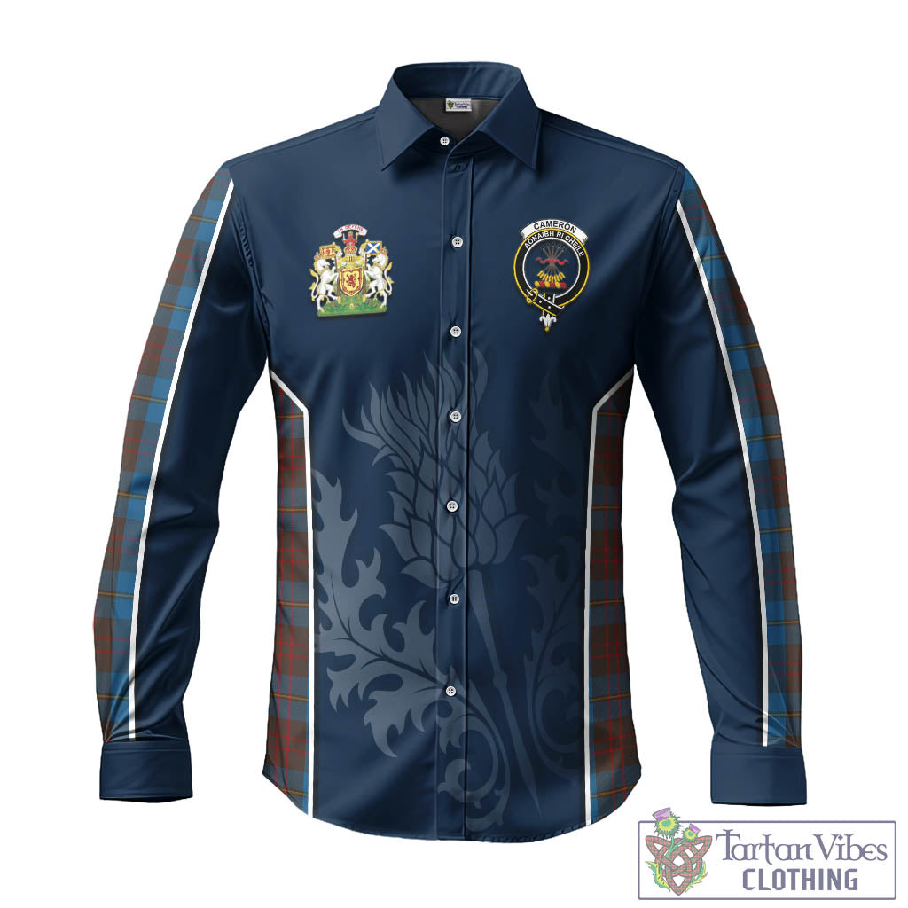 Tartan Vibes Clothing Cameron Hunting Tartan Long Sleeve Button Up Shirt with Family Crest and Scottish Thistle Vibes Sport Style