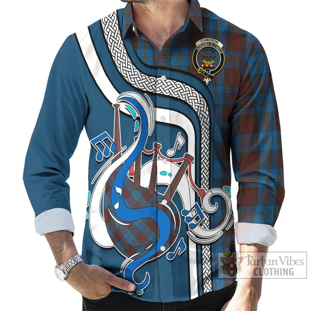 Cameron Hunting Tartan Long Sleeve Button Shirt with Epic Bagpipe Style - Tartanvibesclothing Shop