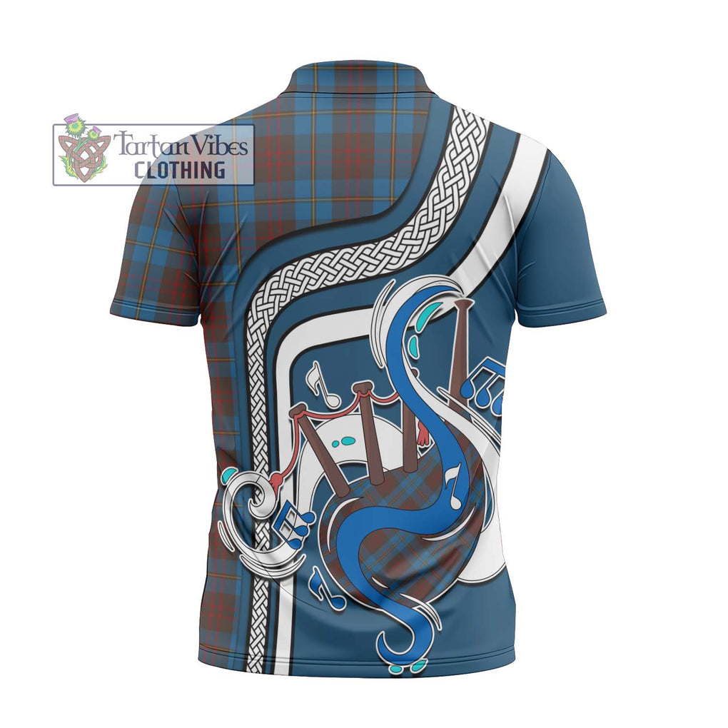 Cameron Hunting Tartan Zipper Polo Shirt with Epic Bagpipe Style - Tartanvibesclothing Shop