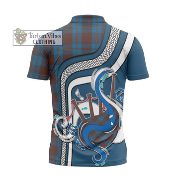 Cameron Hunting Tartan Zipper Polo Shirt with Epic Bagpipe Style