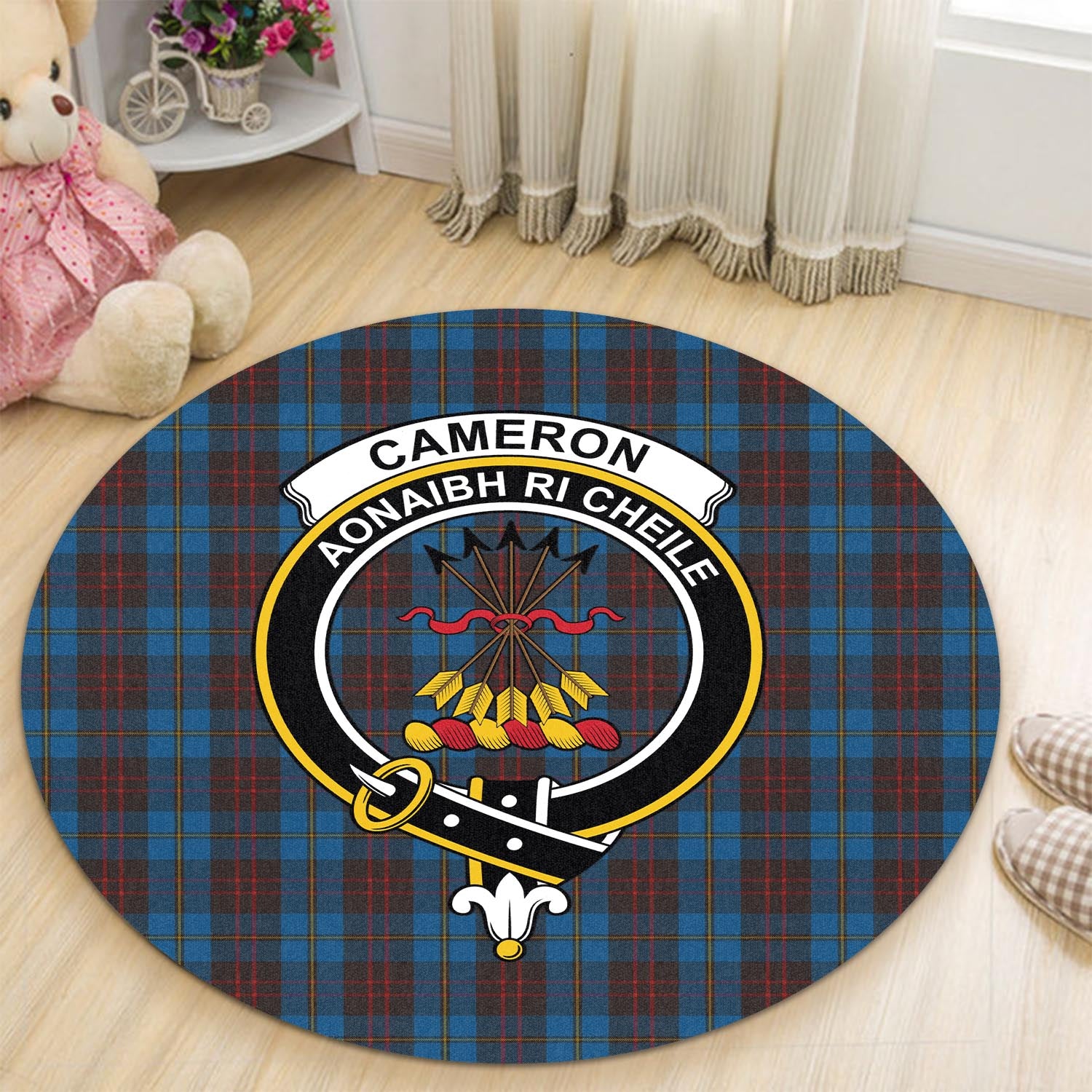 Cameron Hunting Tartan Round Rug with Family Crest - Tartanvibesclothing