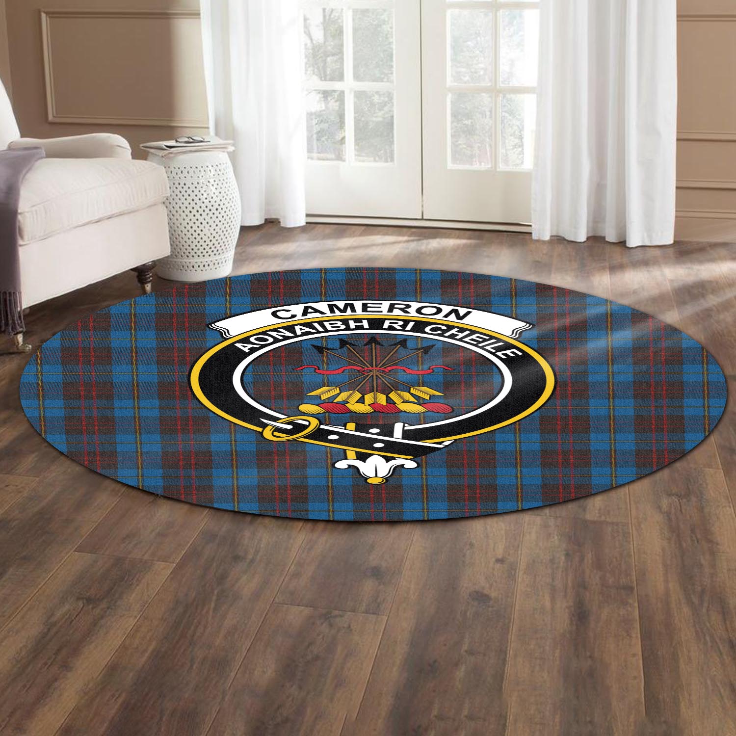 Cameron Hunting Tartan Round Rug with Family Crest - Tartanvibesclothing