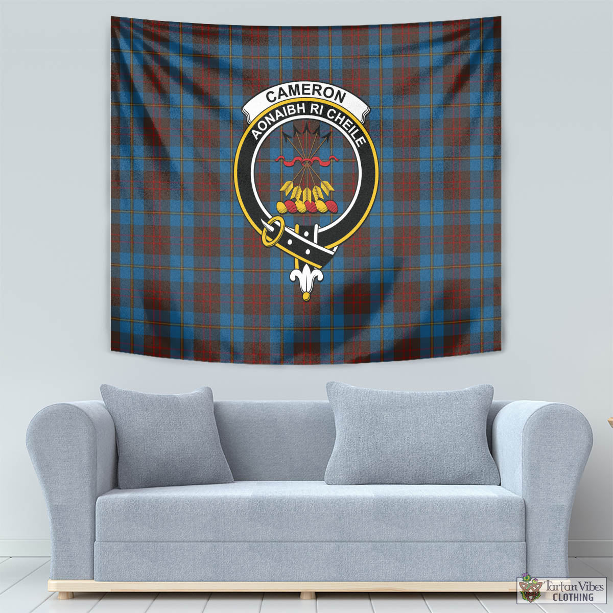 Tartan Vibes Clothing Cameron Hunting Tartan Tapestry Wall Hanging and Home Decor for Room with Family Crest