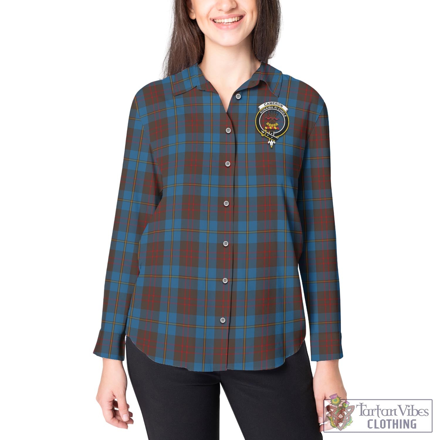 Tartan Vibes Clothing Cameron Hunting Tartan Womens Casual Shirt with Family Crest