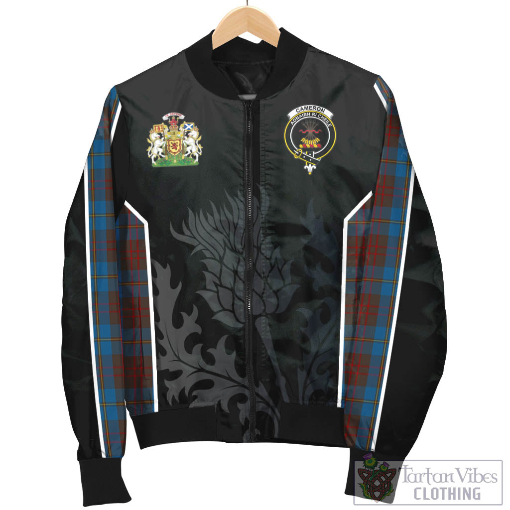 Tartan Vibes Clothing Cameron Hunting Tartan Bomber Jacket with Family Crest and Scottish Thistle Vibes Sport Style